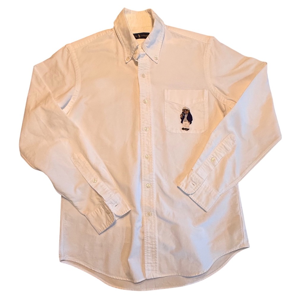 Ralph Lauren Mens Captain Polo Bear White Oxford Button Down Shirt Small Rare